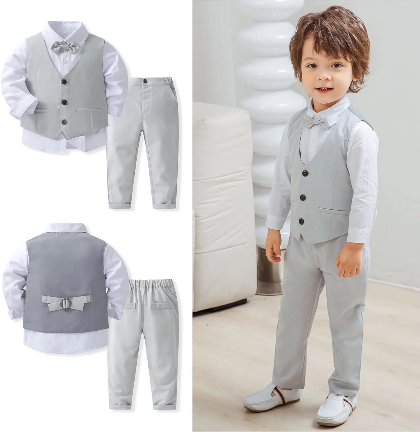 Boys 3Pcs Clothing Sets Cotton Long Sleeve Bowtie Shirts  Vest  Pants Casual Suit