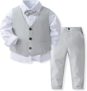Boys 3Pcs Clothing Sets Cotton Long Sleeve Bowtie Shirts  Vest  Pants Casual Suit