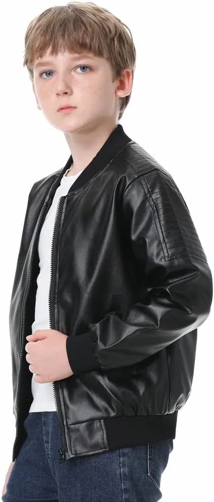 Boys Fashion PU Leather Motorcycle Jacket kids Faux Leather Jackets Coat Children's Outerwear Black 3-13 Years