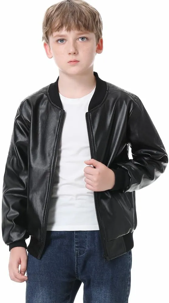 Boys Fashion PU Leather Motorcycle Jacket kids Faux Leather Jackets Coat Children's Outerwear Black 3-13 Years
