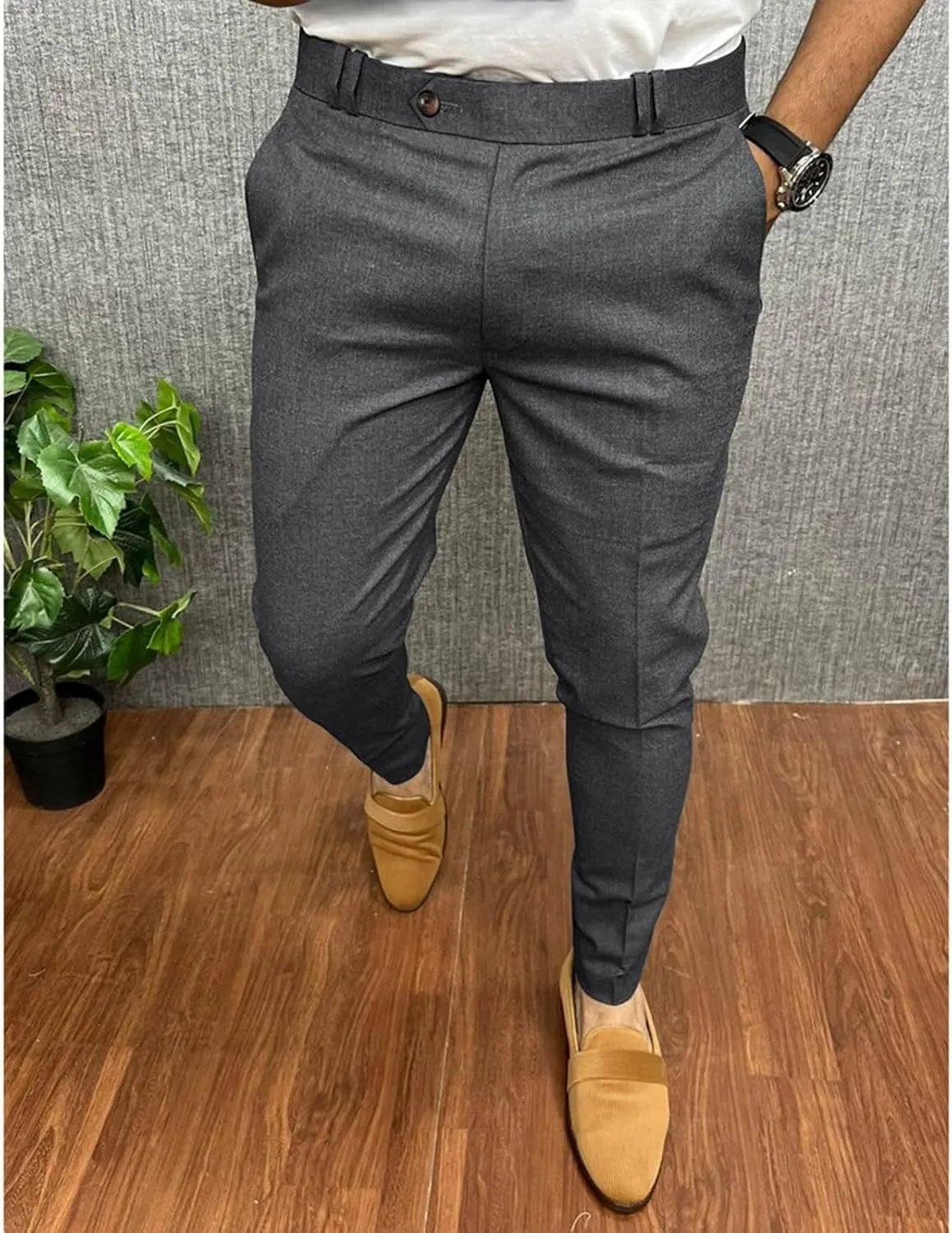 Business Dress Work Slim Fit Pants for Men Casual Button Zipper Classic Suit Pant Cotton Thin Quick Dry Trousers