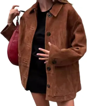 Button Down Suede Jacket Women Y2k Streetwear Oversized Coat Faux Leather Bomber Jacket Fall Fashion 2024 Winter