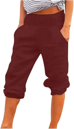 BZGTZT Capri Pants for Women Summer Fashion High Waist Elastic Cropped Trousers Wide Leg Casual Linen Pants with Pocket
