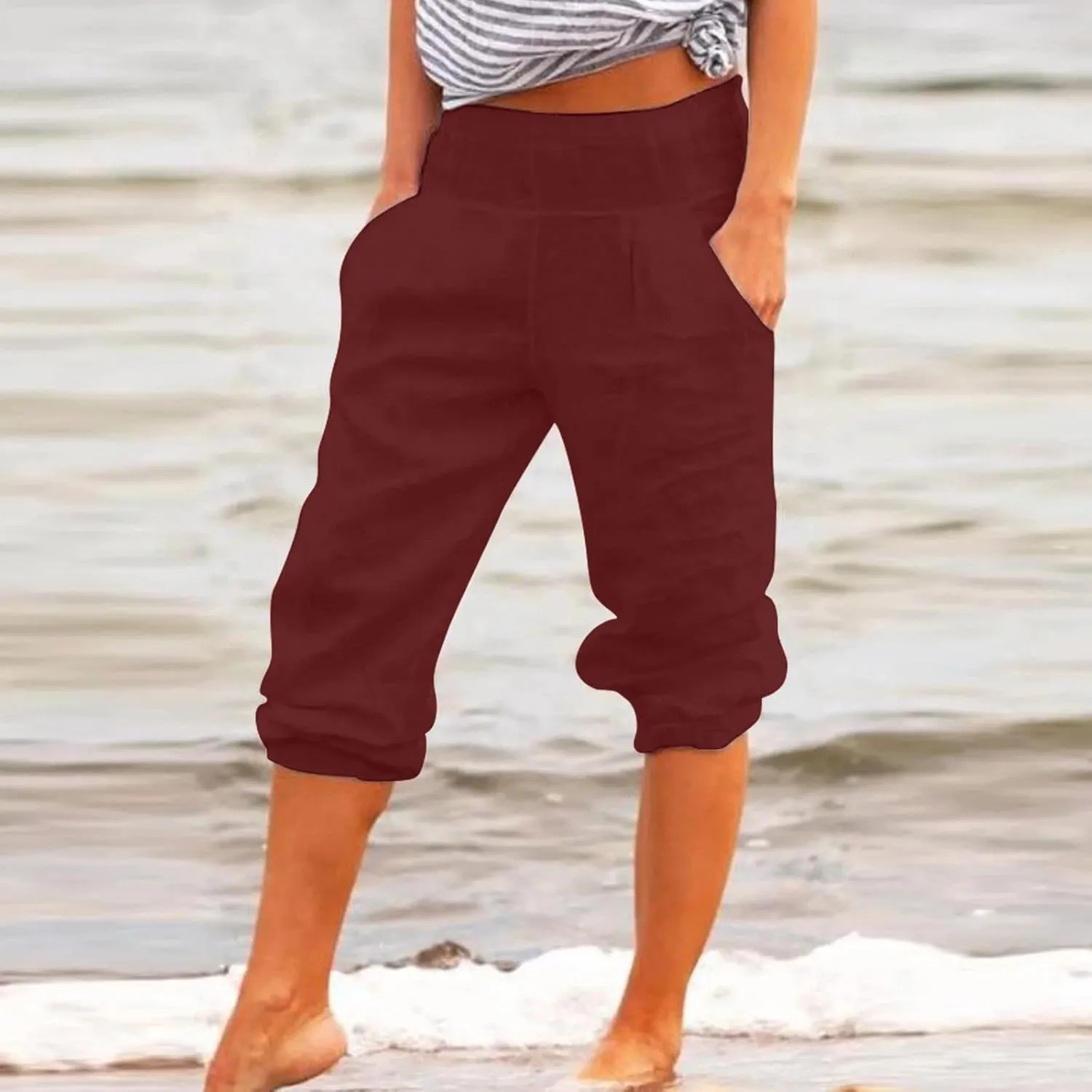 BZGTZT Capri Pants for Women Summer Fashion High Waist Elastic Cropped Trousers Wide Leg Casual Linen Pants with Pocket
