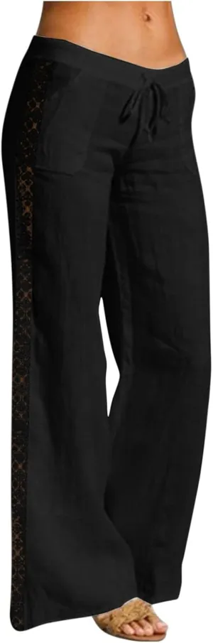 BZGTZT Linen Pants for Women Summer Casual Loose Drawstring Elastic High Waist Comfy Trousers Straight Leg Long Lounge Pant