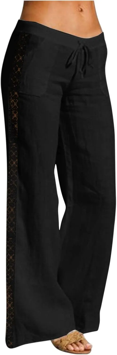 BZGTZT Linen Pants for Women Summer Casual Loose Drawstring Elastic High Waist Comfy Trousers Straight Leg Long Lounge Pant