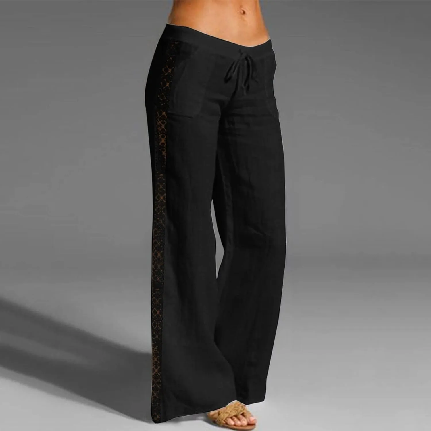 BZGTZT Linen Pants for Women Summer Casual Loose Drawstring Elastic High Waist Comfy Trousers Straight Leg Long Lounge Pant