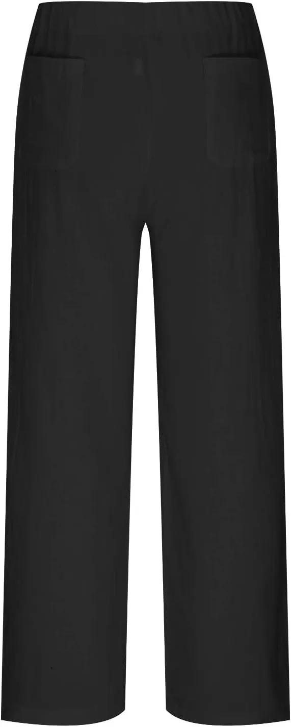 BZGTZT Plus Size Linen Pants for Women Summer Straight Wide Leg Pants Elastic High Waist Trousers Casual Comfy Palazzo Pants