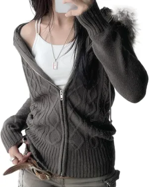 Cable Knit Sweater Cardigan Women Y2k Slim Fit Knit Zip Up Hoodie Sweater Jacket with Fur Trim Fall Streetwear