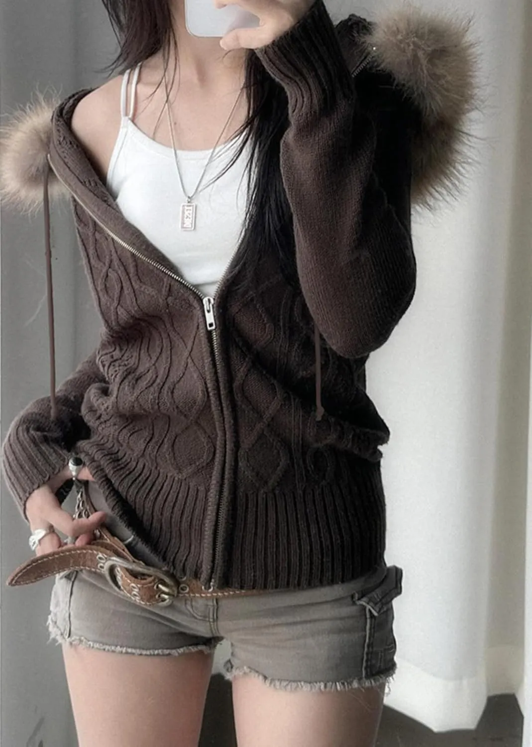 Cable Knit Sweater Cardigan Women Y2k Slim Fit Knit Zip Up Hoodie Sweater Jacket with Fur Trim Fall Streetwear