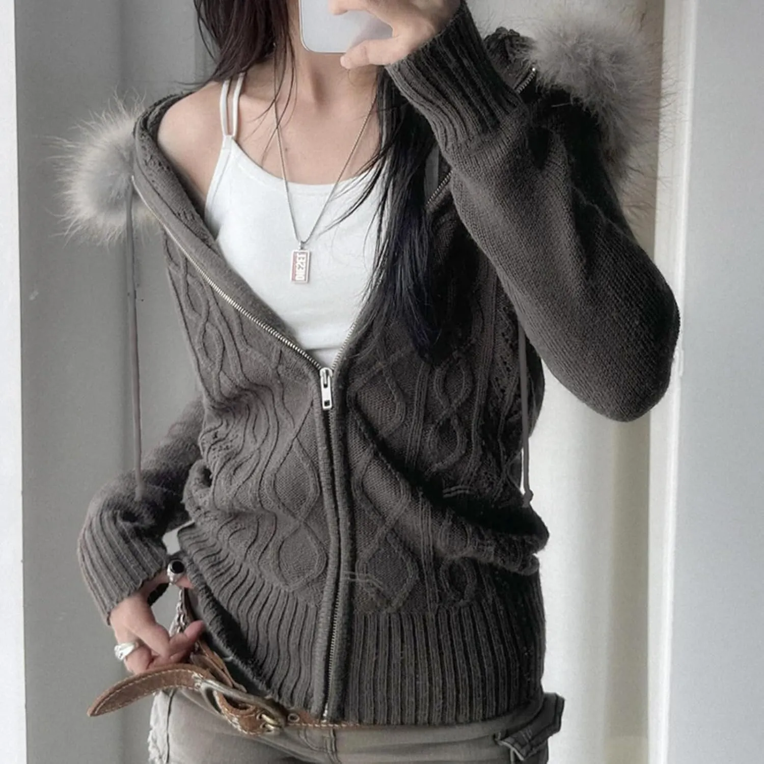 Cable Knit Sweater Cardigan Women Y2k Slim Fit Knit Zip Up Hoodie Sweater Jacket with Fur Trim Fall Streetwear