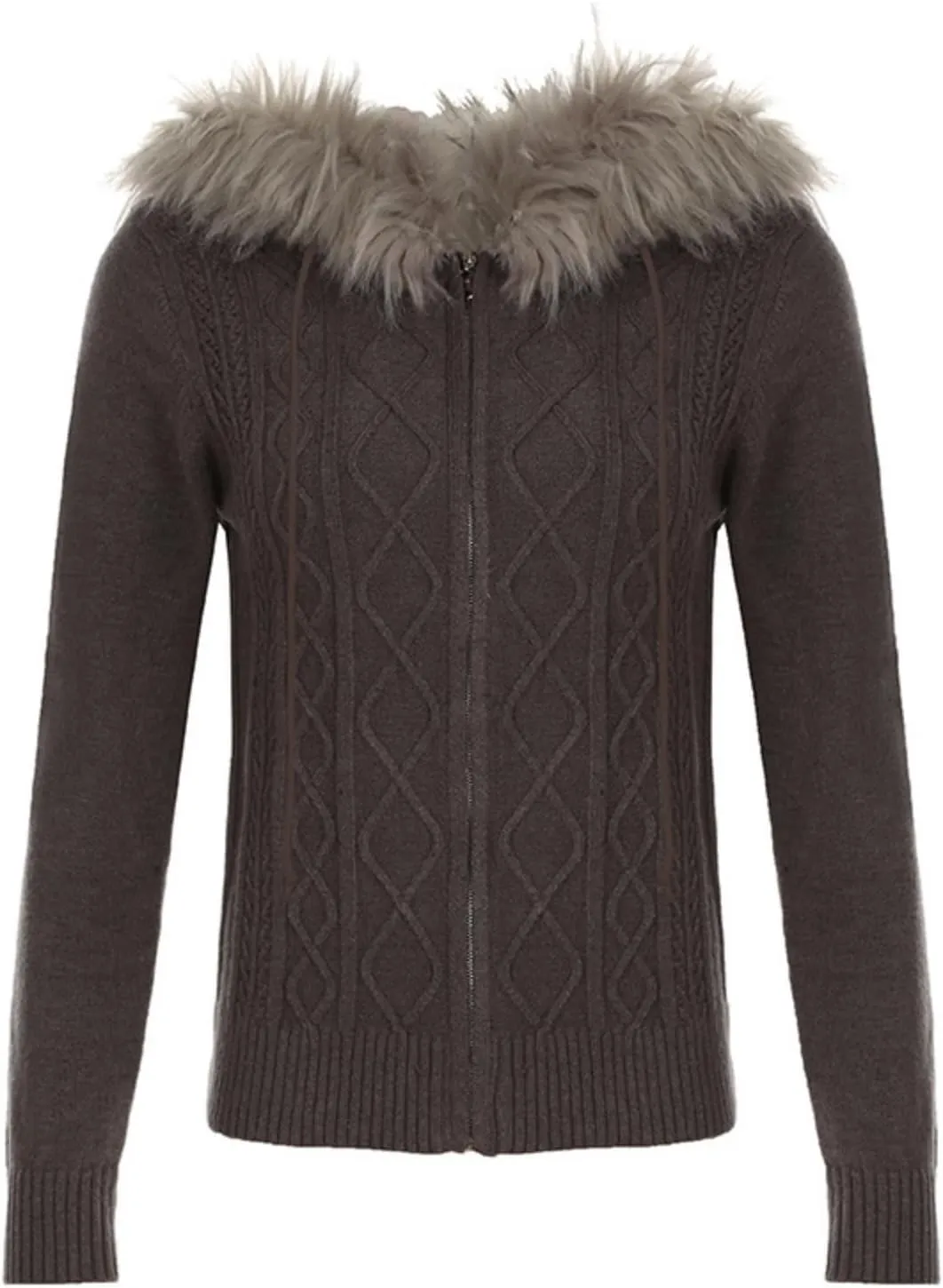 Cable Knit Sweater Cardigan Women Y2k Slim Fit Knit Zip Up Hoodie Sweater Jacket with Fur Trim Fall Streetwear
