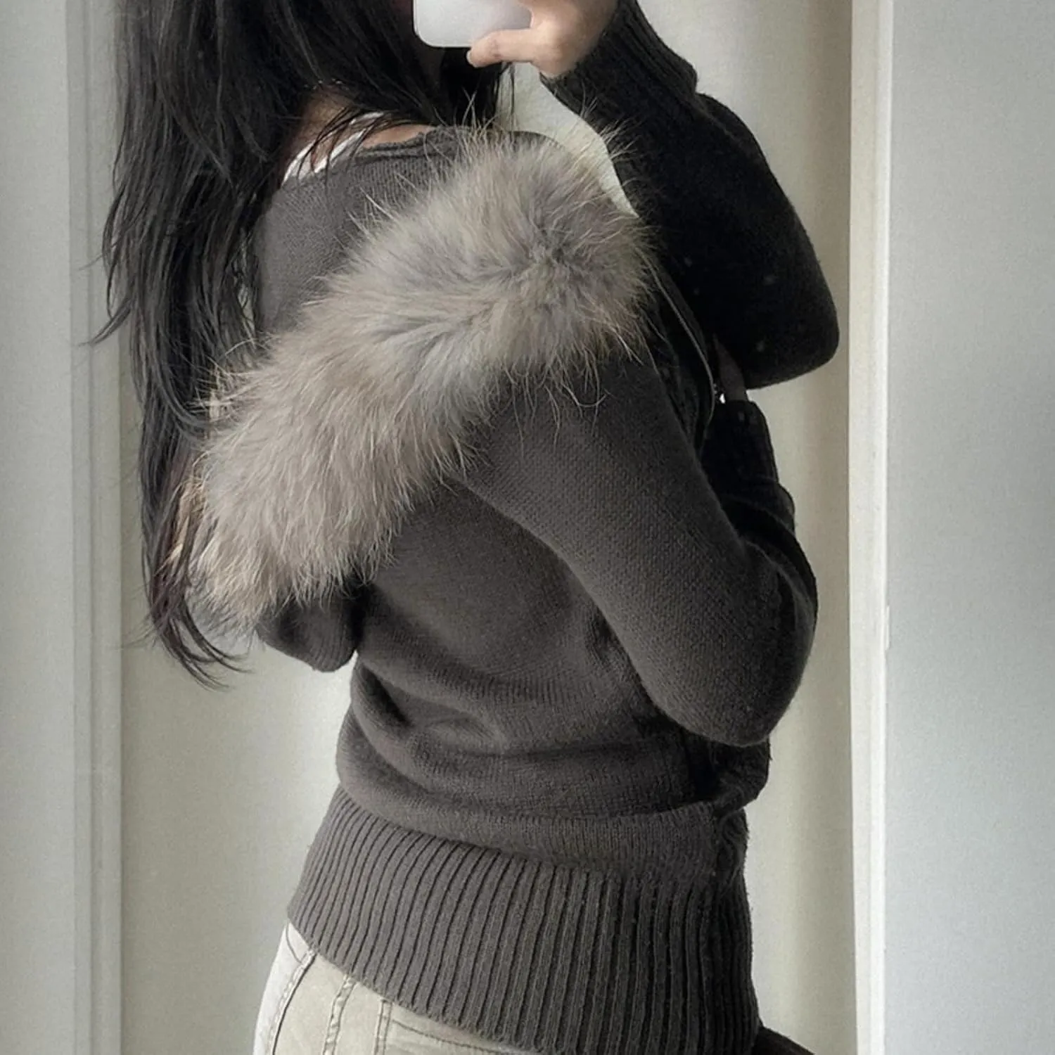 Cable Knit Sweater Cardigan Women Y2k Slim Fit Knit Zip Up Hoodie Sweater Jacket with Fur Trim Fall Streetwear