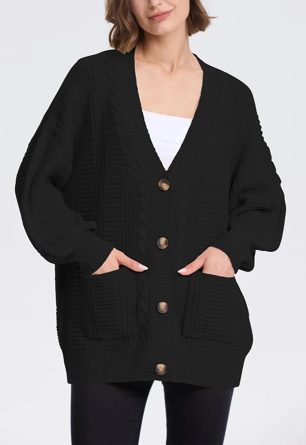 Cakulo Womens Oversized Chunky Cable Knit Cardigan Sweaters 2024 Fall Open Front Button Women Cardigans Pocket