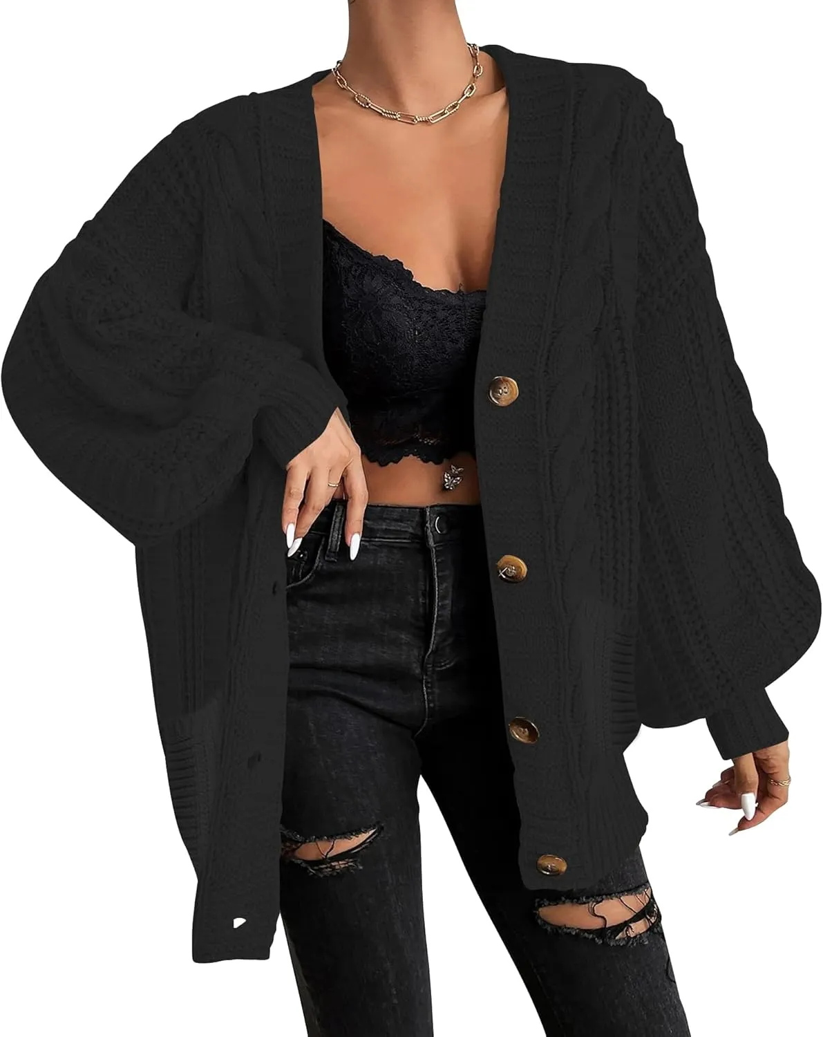 Cakulo Womens Oversized Chunky Cable Knit Cardigan Sweaters 2024 Fall Open Front Button Women Cardigans Pocket