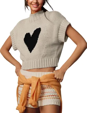 Cap Sleeve Sweater Tank Tops for Women Mock Neck Sweater Vest Cute Heart Knit Cropped Pullover Top