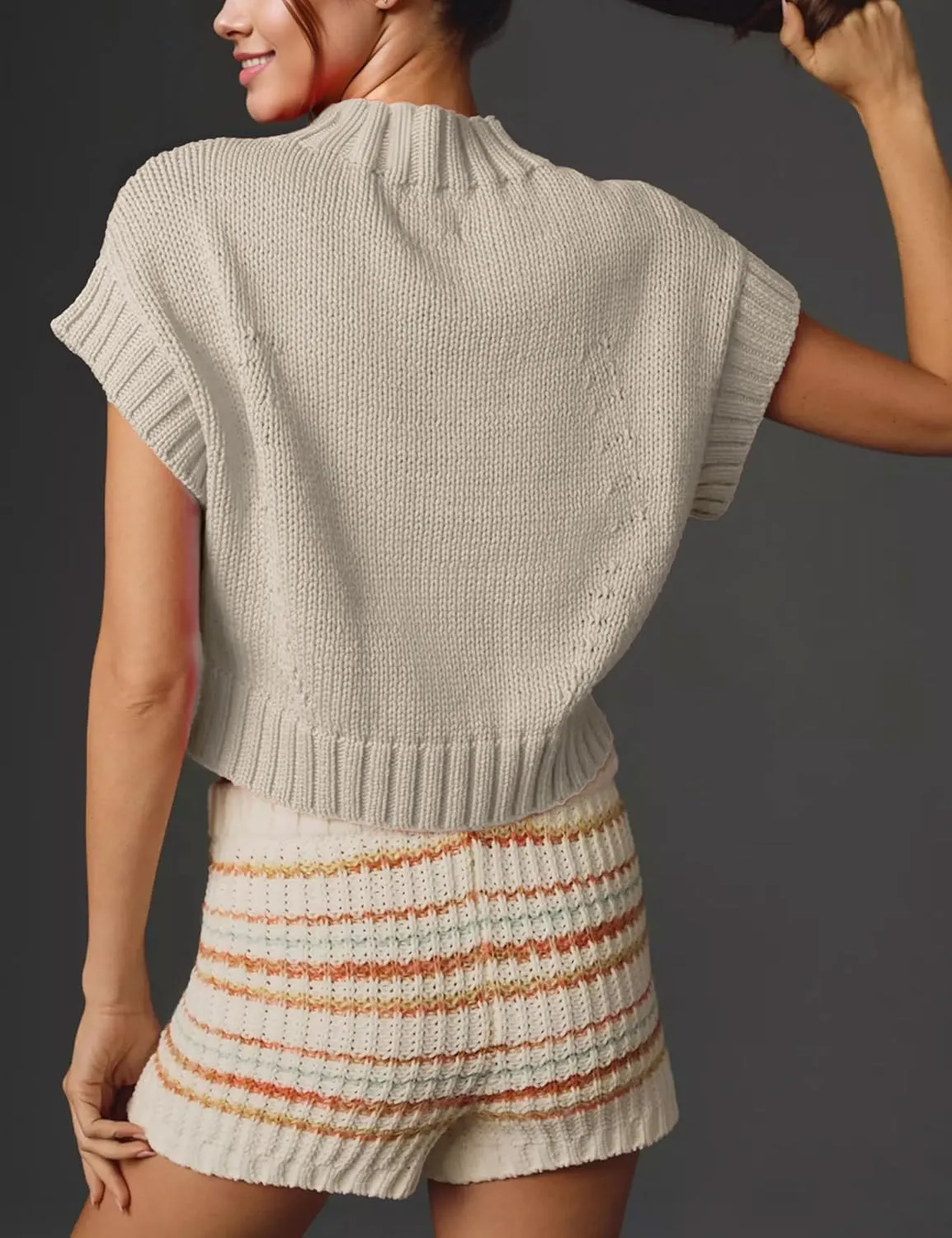 Cap Sleeve Sweater Tank Tops for Women Mock Neck Sweater Vest Cute Heart Knit Cropped Pullover Top