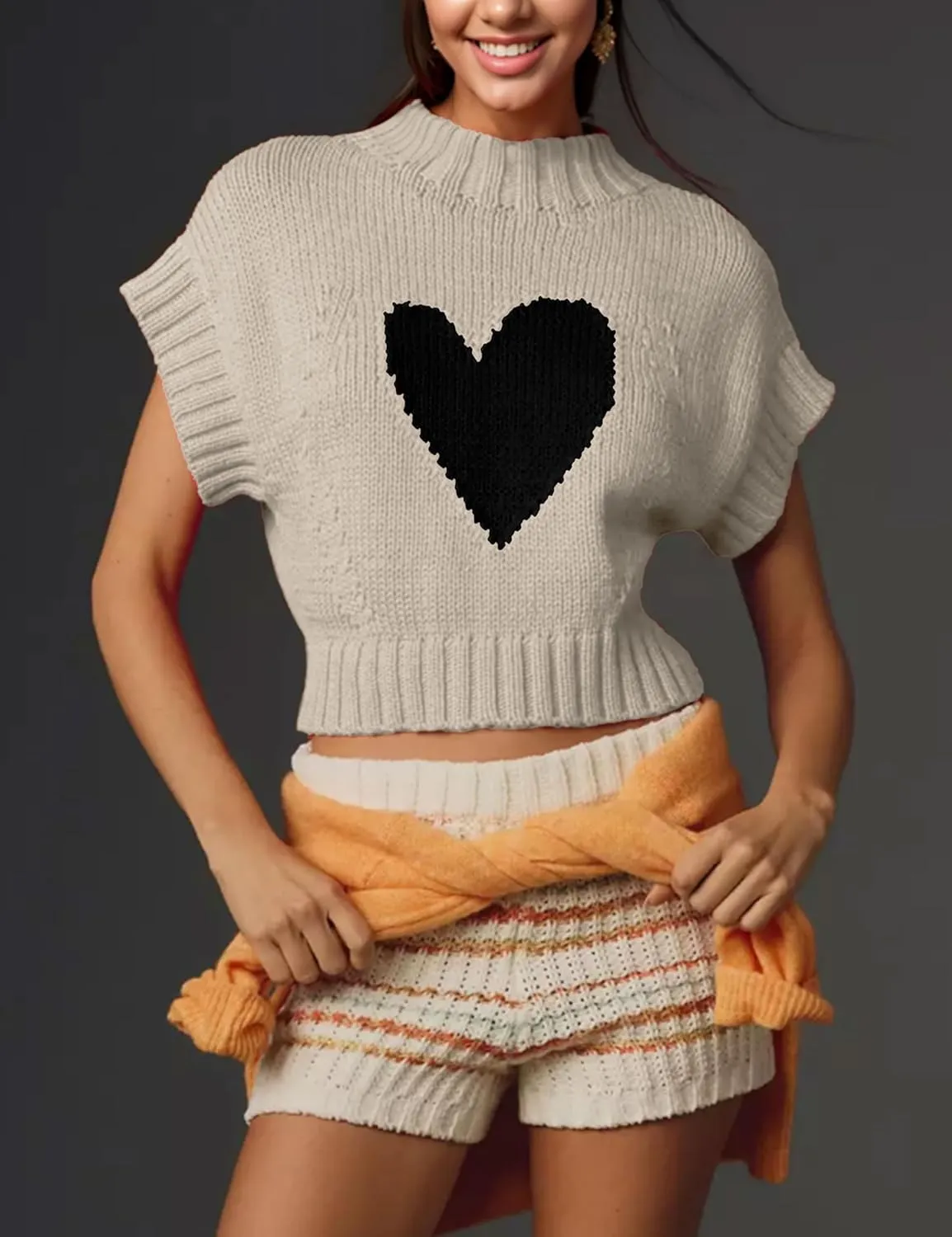 Cap Sleeve Sweater Tank Tops for Women Mock Neck Sweater Vest Cute Heart Knit Cropped Pullover Top