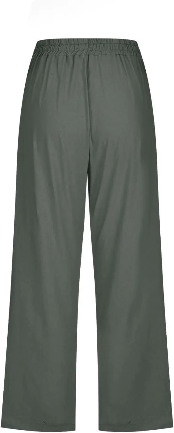 Capri Pants for Women Casual Summer Cotton Elastic High Waist Linen Pants Plus Size Cropped Pant Beach Clothes Trousers