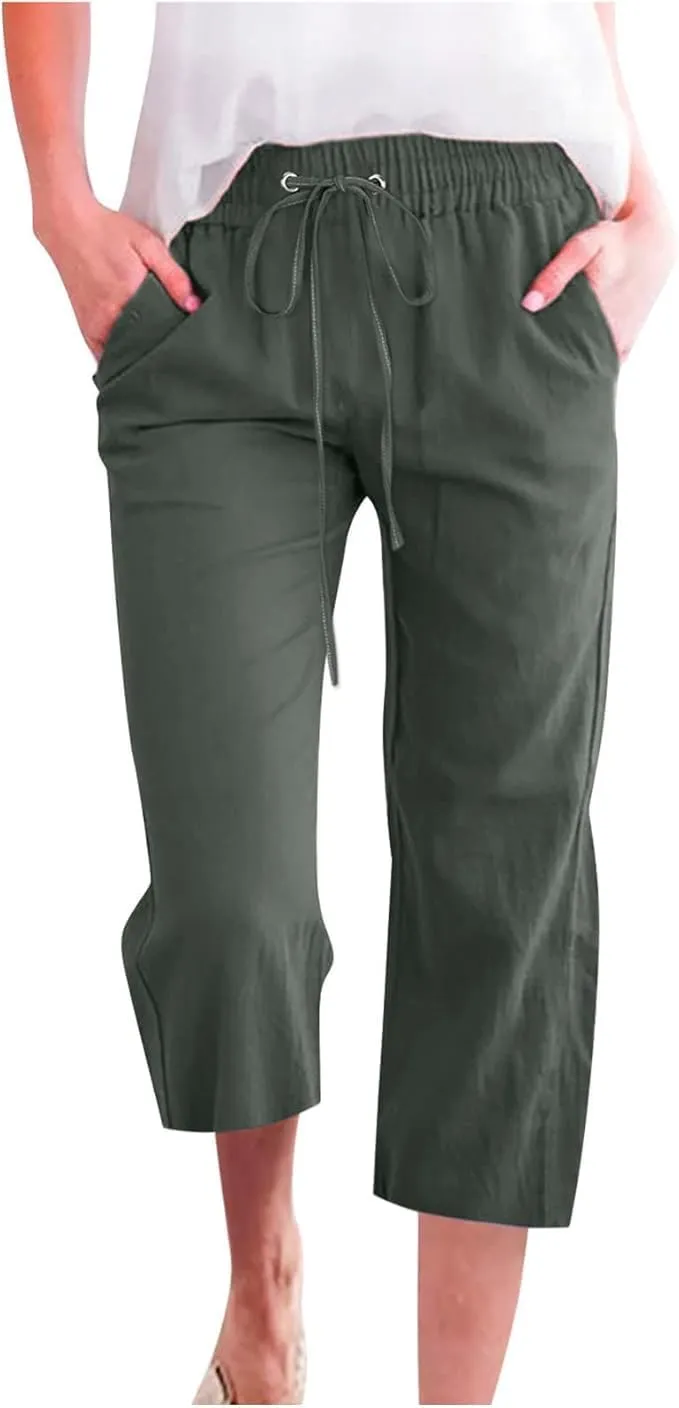 Capri Pants for Women Casual Summer Cotton Elastic High Waist Linen Pants Plus Size Cropped Pant Beach Clothes Trousers