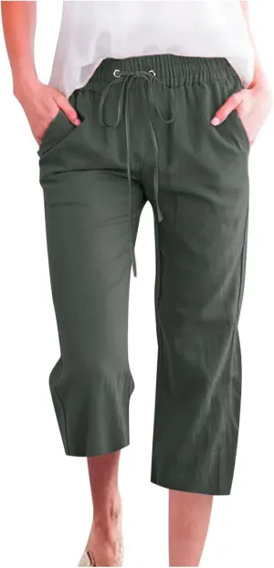 Capri Pants for Women Casual Summer Cotton Elastic High Waist Linen Pants Plus Size Cropped Pant Beach Clothes Trousers
