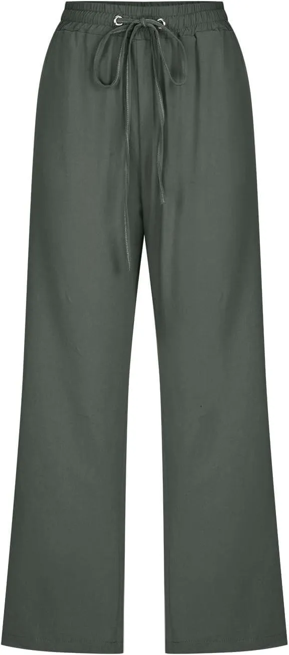 Capri Pants for Women Casual Summer Cotton Elastic High Waist Linen Pants Plus Size Cropped Pant Beach Clothes Trousers