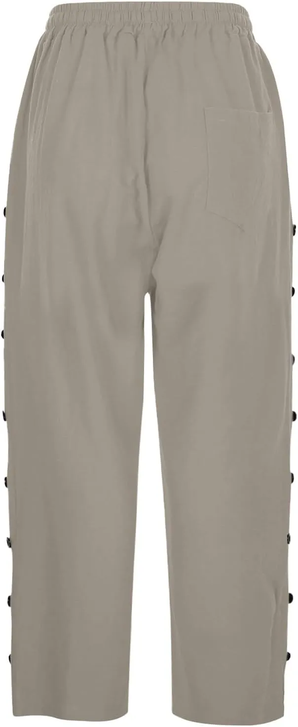 Capri Pants for Women Casual Summer Drawstring High Waisted Cotton Linen Pants Beach Vacation Clothes with Pockets