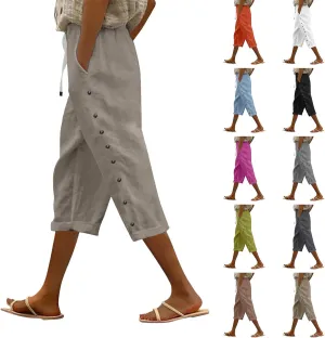 Capri Pants for Women Casual Summer Drawstring High Waisted Cotton Linen Pants Beach Vacation Clothes with Pockets