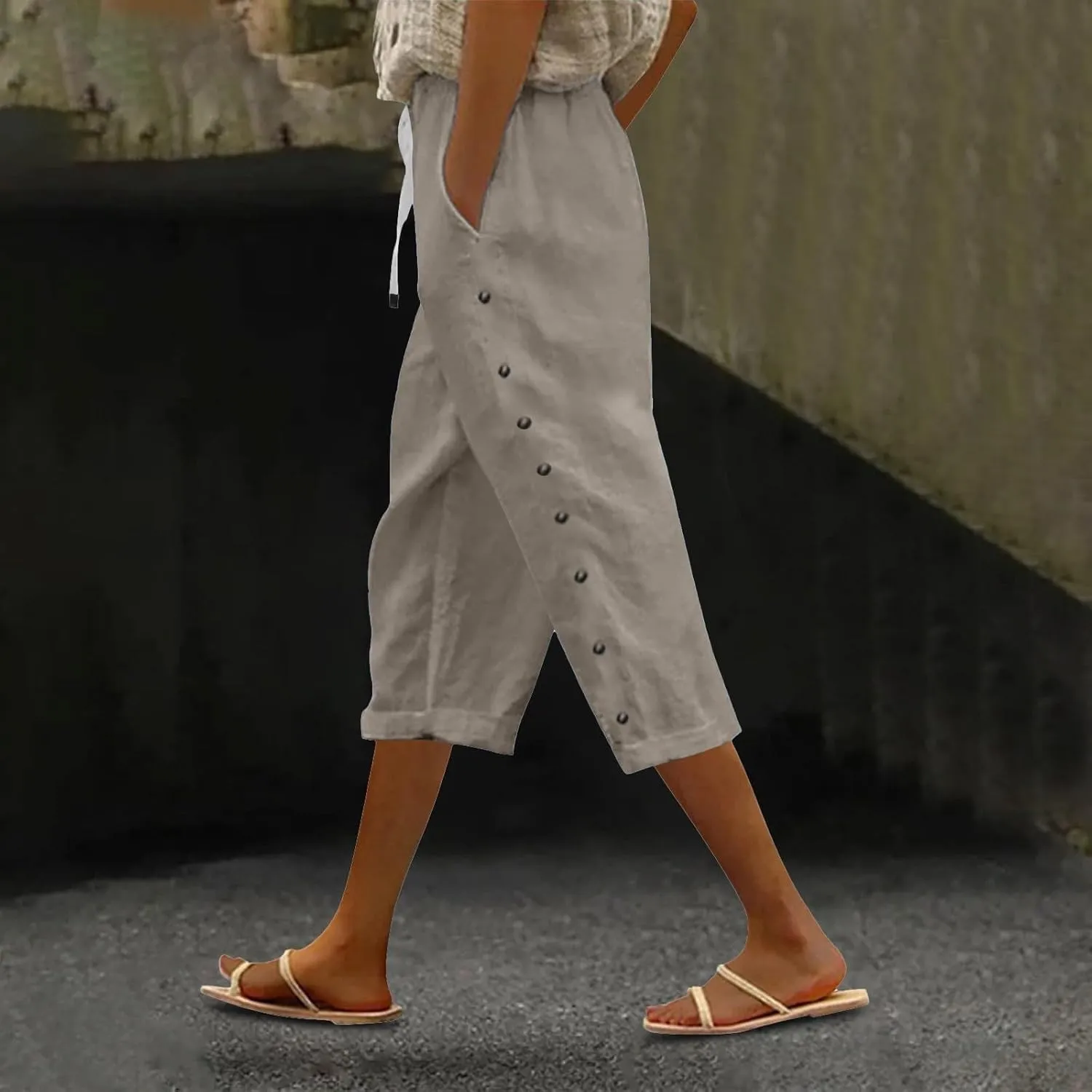 Capri Pants for Women Casual Summer Drawstring High Waisted Cotton Linen Pants Beach Vacation Clothes with Pockets
