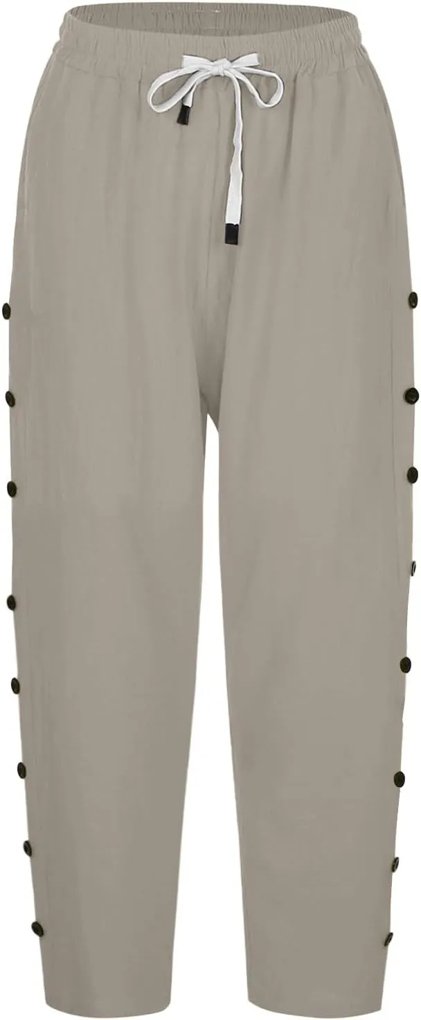 Capri Pants for Women Casual Summer Drawstring High Waisted Cotton Linen Pants Beach Vacation Clothes with Pockets