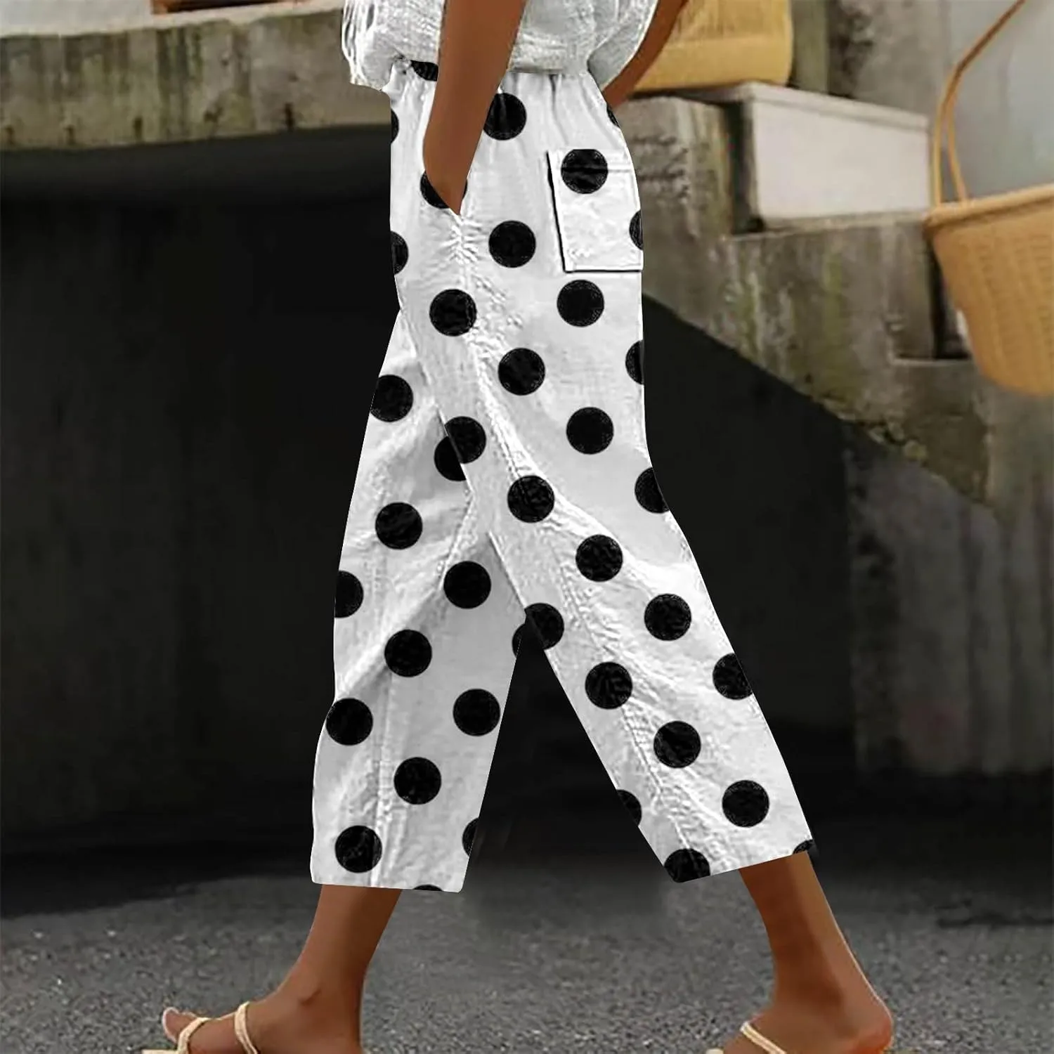Capri Pants for Women Dressy 2025 High Waist Pattern Linen Pants Summer Beach Loose Fit Casual Straight Leg Trousers