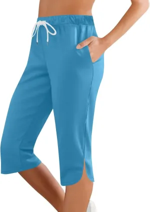 Capri Pants for Women Side Split Knee Length Elastic Waisted Drawstring Athletic Workout Yoga Pants with Pockets