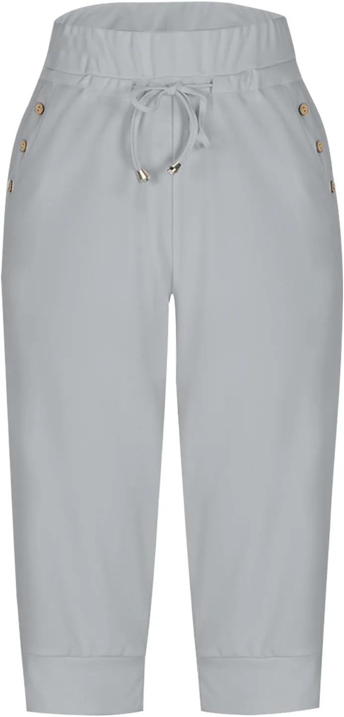 Capri Pants for Women Stretch High Waisted Yoga Pants Casual Summer Drawstring Capris Cropped Trousers with Pockets