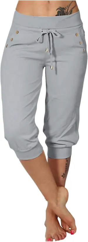 Capri Pants for Women Stretch High Waisted Yoga Pants Casual Summer Drawstring Capris Cropped Trousers with Pockets