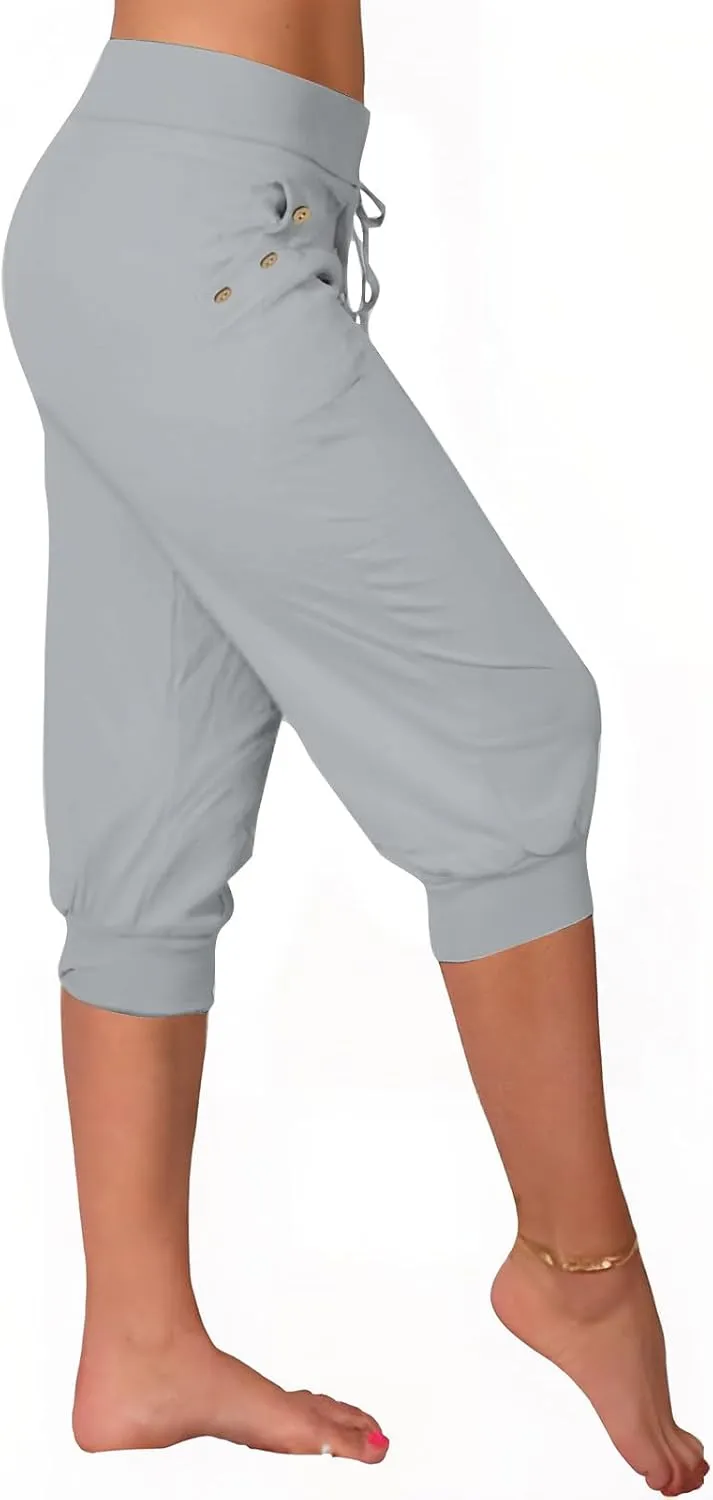 Capri Pants for Women Stretch High Waisted Yoga Pants Casual Summer Drawstring Capris Cropped Trousers with Pockets