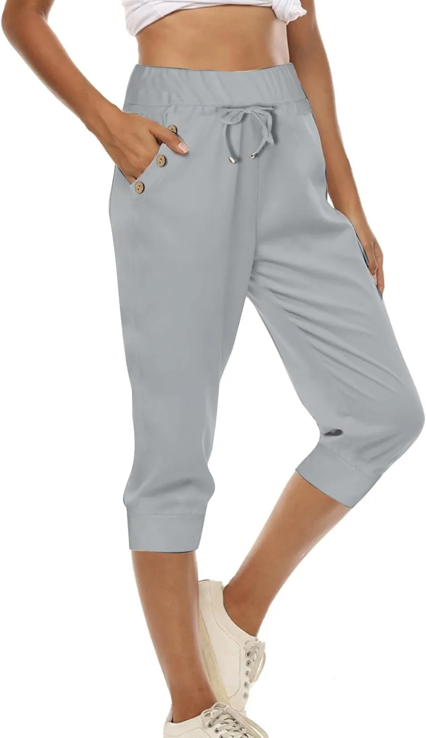 Capri Pants for Women Stretch High Waisted Yoga Pants Casual Summer Drawstring Capris Cropped Trousers with Pockets