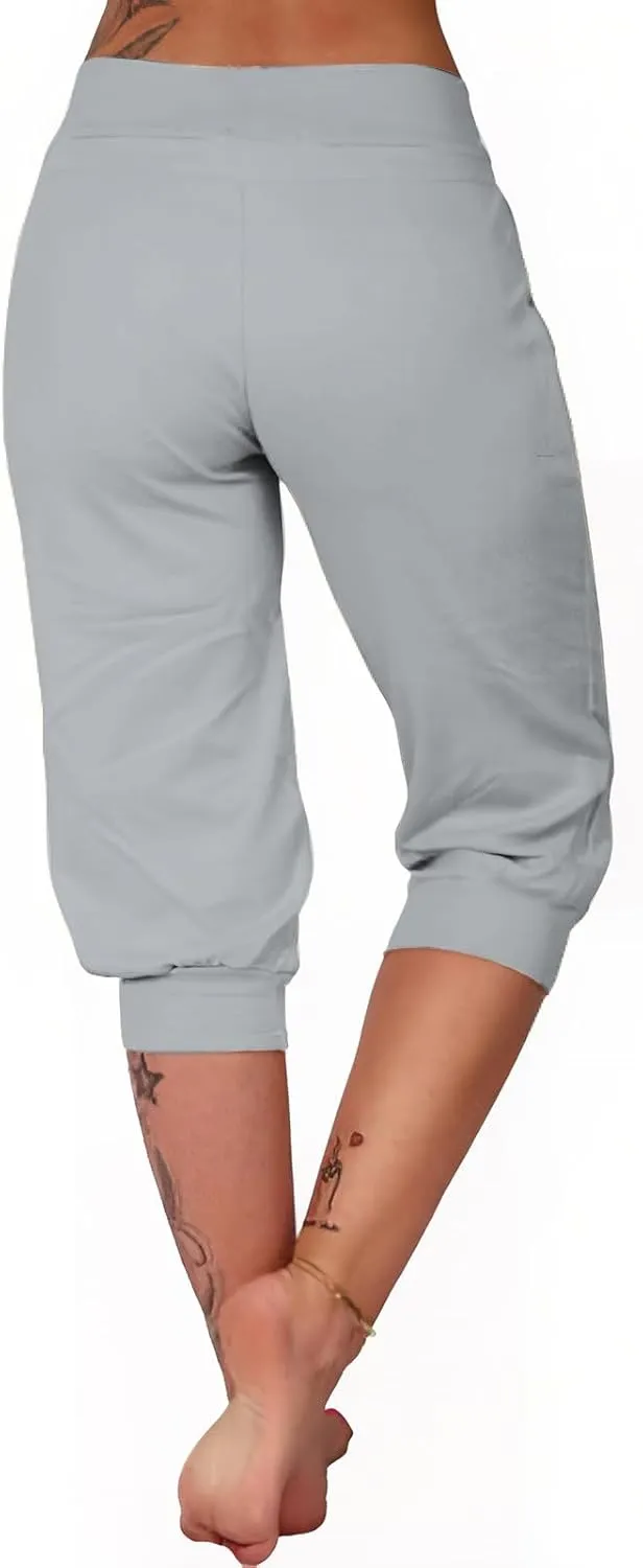 Capri Pants for Women Stretch High Waisted Yoga Pants Casual Summer Drawstring Capris Cropped Trousers with Pockets