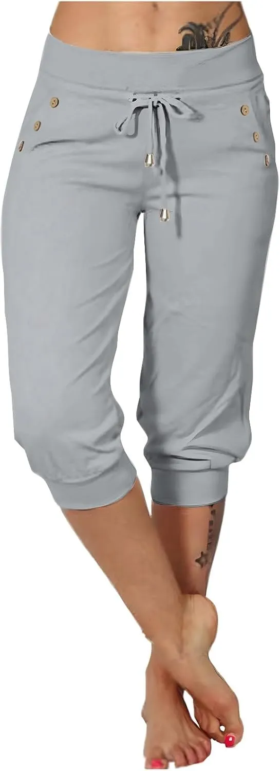 Capri Pants for Women Stretch High Waisted Yoga Pants Casual Summer Drawstring Capris Cropped Trousers with Pockets