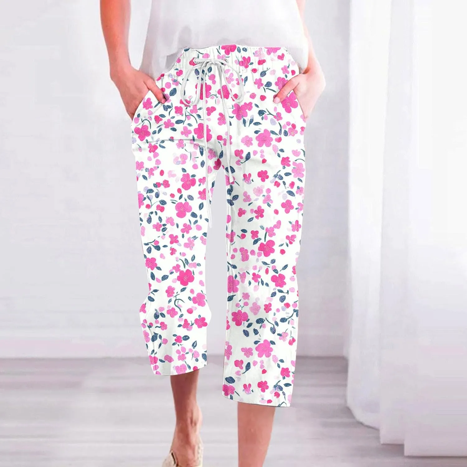 Capri Pants for Women Summer Trendy Floral Printed Drawstring Linen Pants Dressy Loose Cropped Trousers with Pockets