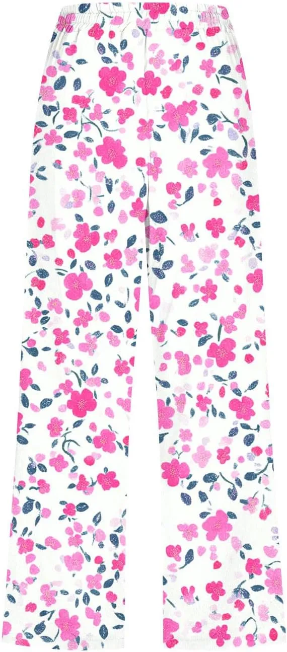 Capri Pants for Women Summer Trendy Floral Printed Drawstring Linen Pants Dressy Loose Cropped Trousers with Pockets