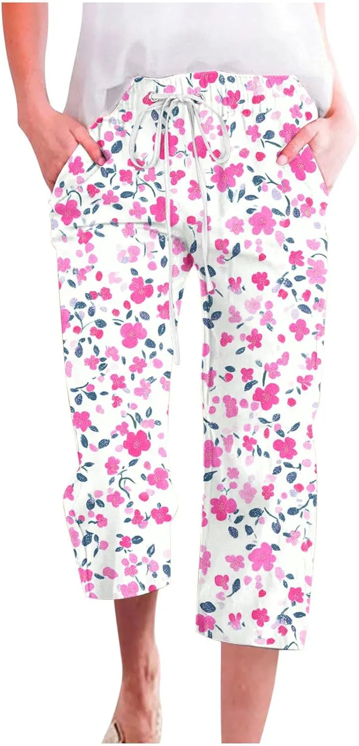 Capri Pants for Women Summer Trendy Floral Printed Drawstring Linen Pants Dressy Loose Cropped Trousers with Pockets
