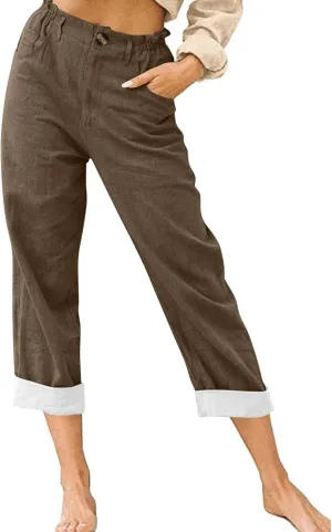 Capri Summer Linen Pants for Women Short Elastic Waist Casual Comfy Trendy Capris Cropped Trouser Beach Clothes