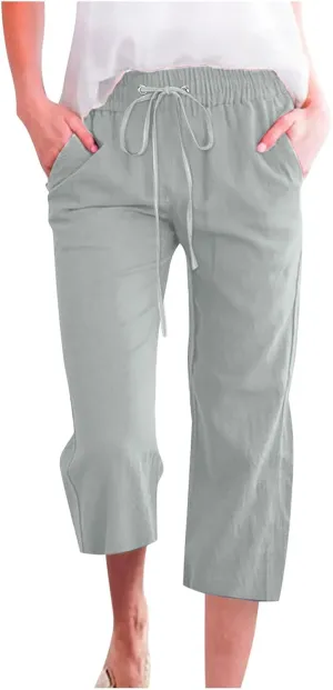 Capris Pants for Women 2025 Cotton Linen Summer Plus Size Capri High Waist Elastic Straight Leg Beach Cropped Pants