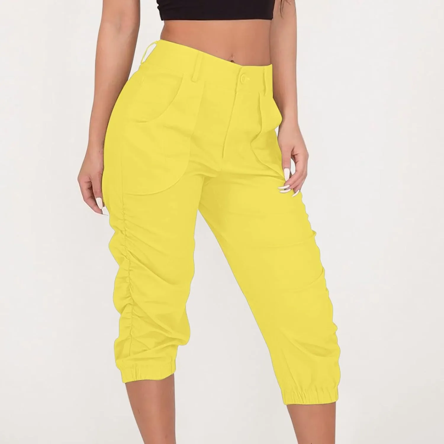 Cargo Capris for Women with Pockets Plus Size Button Up High Waist Capri Pants Ruched Capris Cargos Trousers