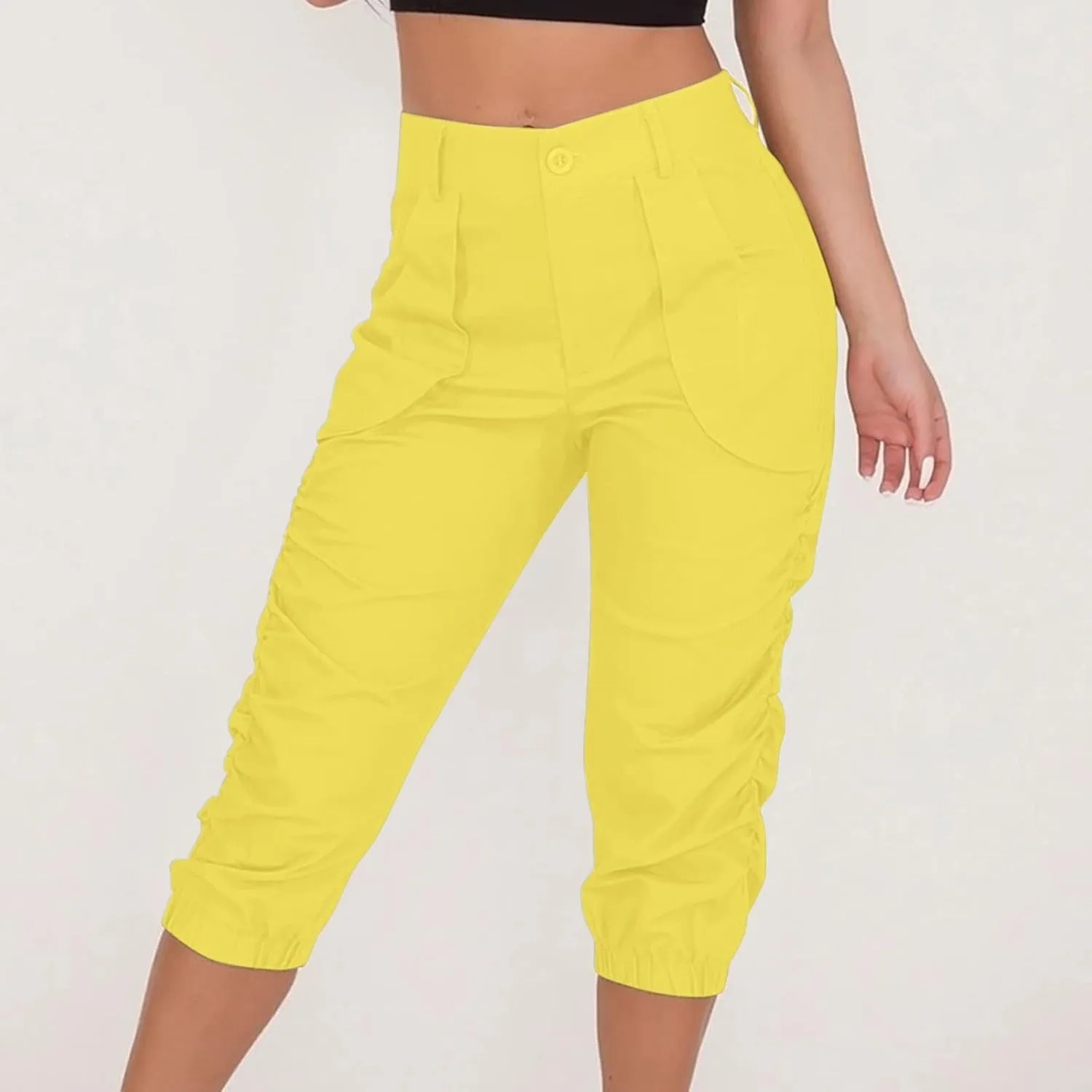 Cargo Capris for Women with Pockets Plus Size Button Up High Waist Capri Pants Ruched Capris Cargos Trousers
