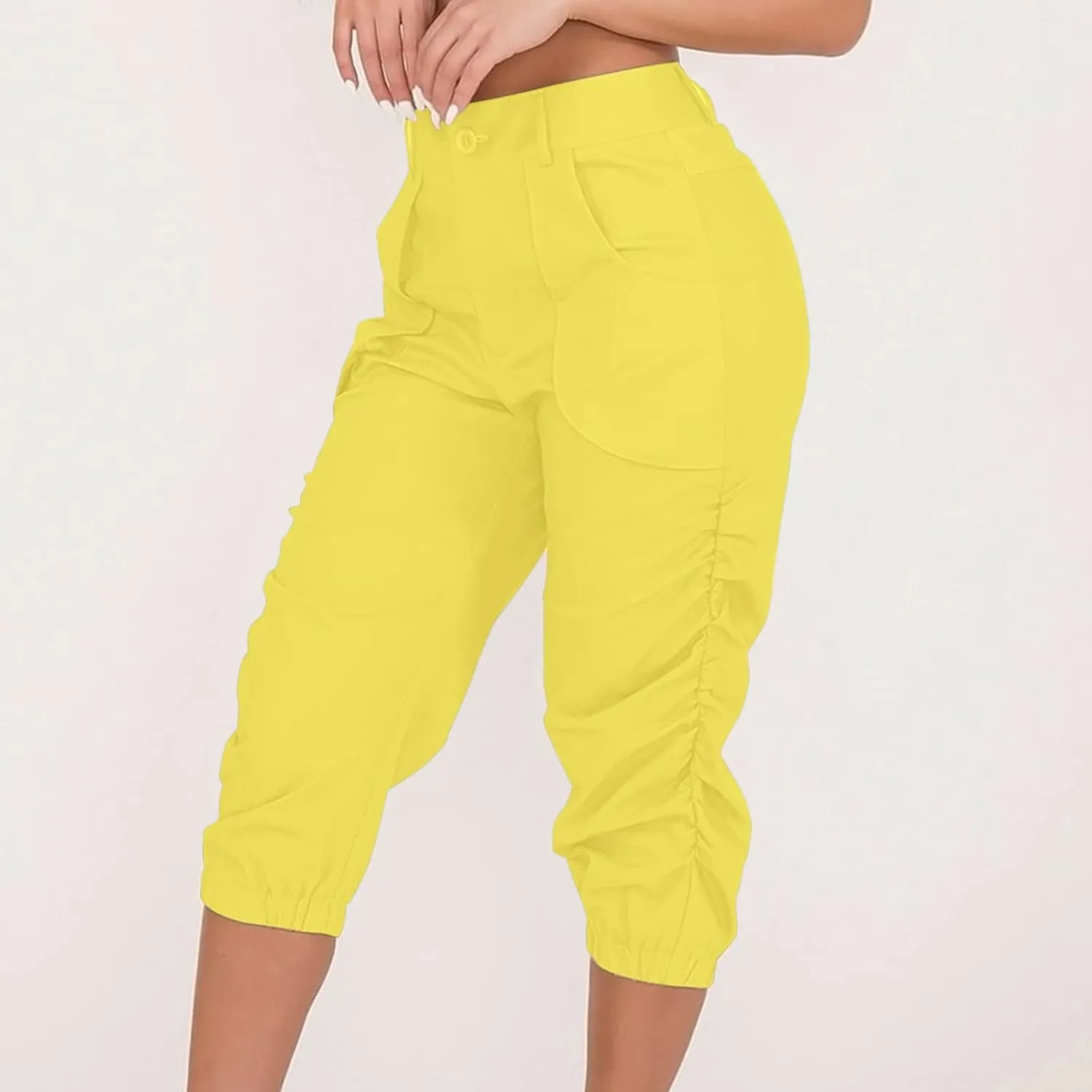 Cargo Capris for Women with Pockets Plus Size Button Up High Waist Capri Pants Ruched Capris Cargos Trousers