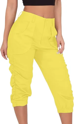 Cargo Capris for Women with Pockets Plus Size Button Up High Waist Capri Pants Ruched Capris Cargos Trousers