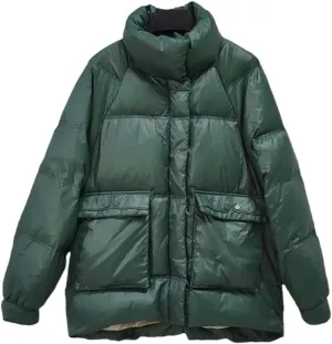 Casual Women Winter Down Jacket With Pockets Long Sleeve Cotton-Padded Coat Female Thick Loose Warm Parkas