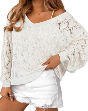 CCTOO Women's Sweaters Casual Oversized V Neck Off Shoulder Sexy Crochet Sweater Batwing Sleeve Pullover Loose Tops