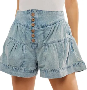 CHARTOU Women Cute Ruffle Hem Denim Short High Waist Wide Leg Jean Shorts Flare Stretchy Short with Pockets